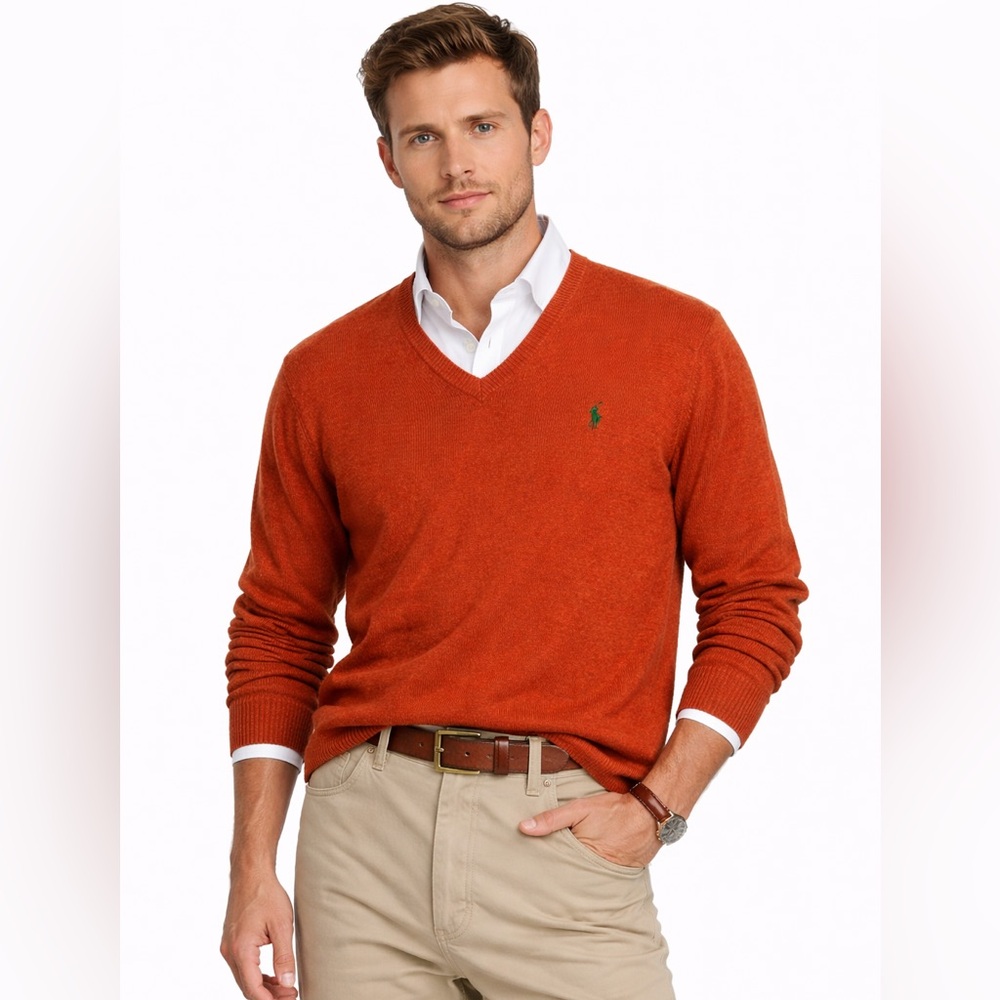 Polo Ralph Lauren 100% Lambswool V-Neck Sweater Burnt Orange Size M